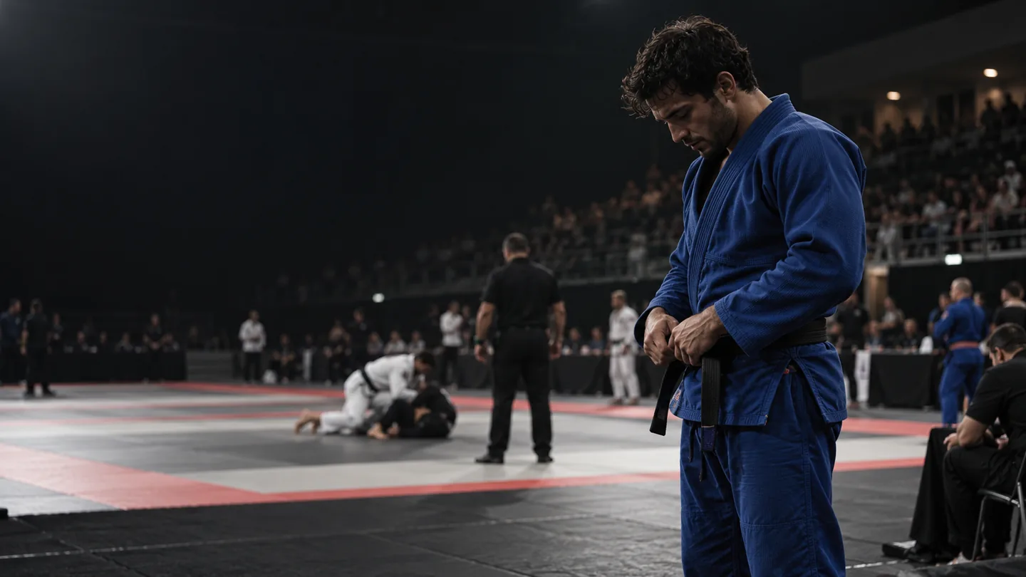 Adult jiu-jitsu athlete adjusts their belt before competing in an arena